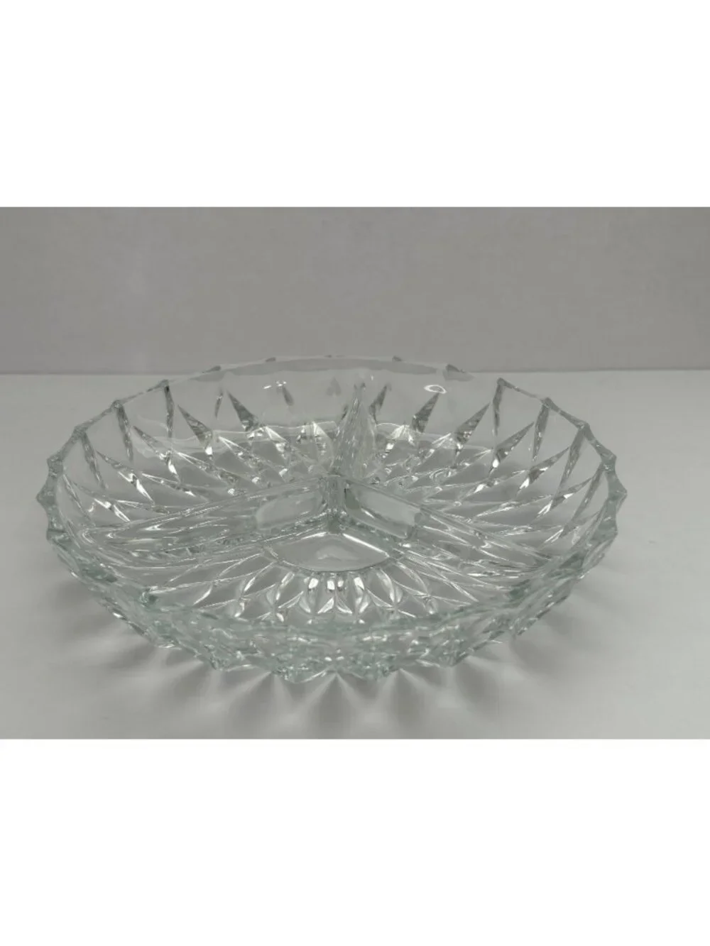 Vintage MCM Clear Glass Divided Makeup Trinket Serving Dish Diamond Pattern Glam